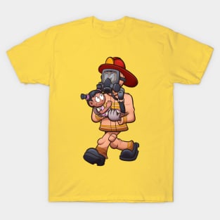 Cartoon Firefighter Saving Little Girl T-Shirt